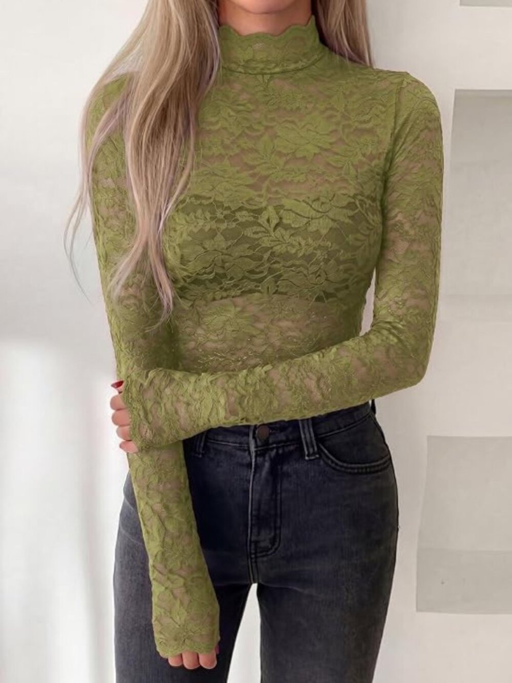 Womens Lace Long Sleeve Tops Sheer Mesh Blouse